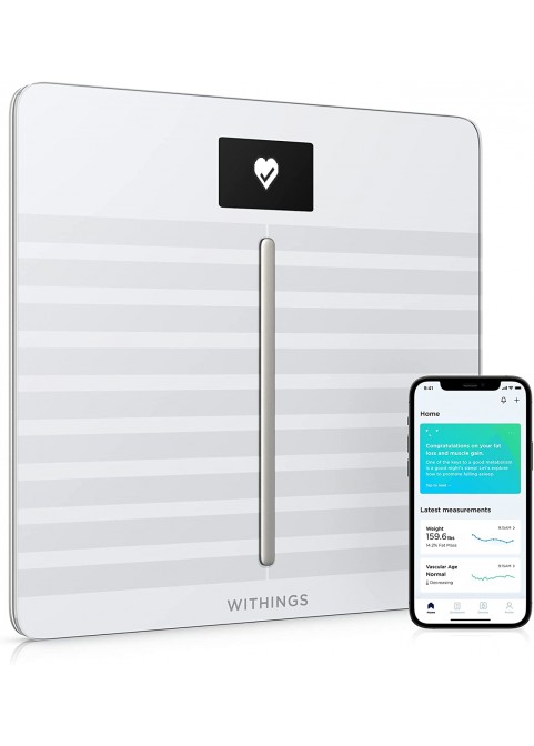 Withings Body Cardio вЂ“ Premium Wi-Fi Body Composition Smart Scale, Tracks Heart Health, Vascular Age, BMI, Fat, Muscle &amp; Bone Mass, Water %, Digital Bathroom Scale with App Sync via Bluetooth or Wi-Fi